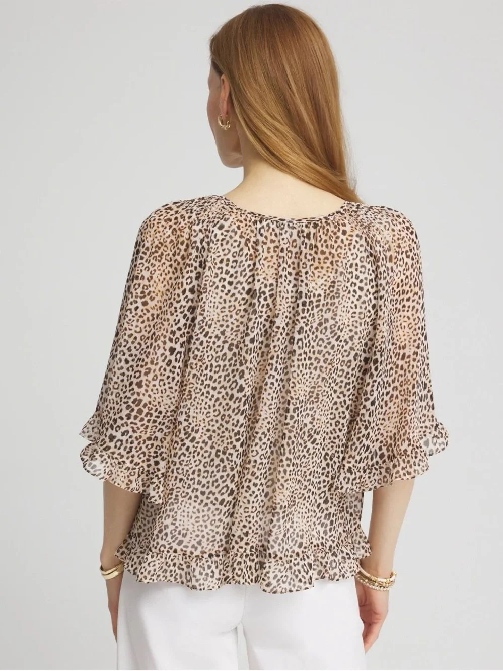 Chico's Leopard Print Ruffle Sleeve Blouse Size M Boho Chic Animal Print Top